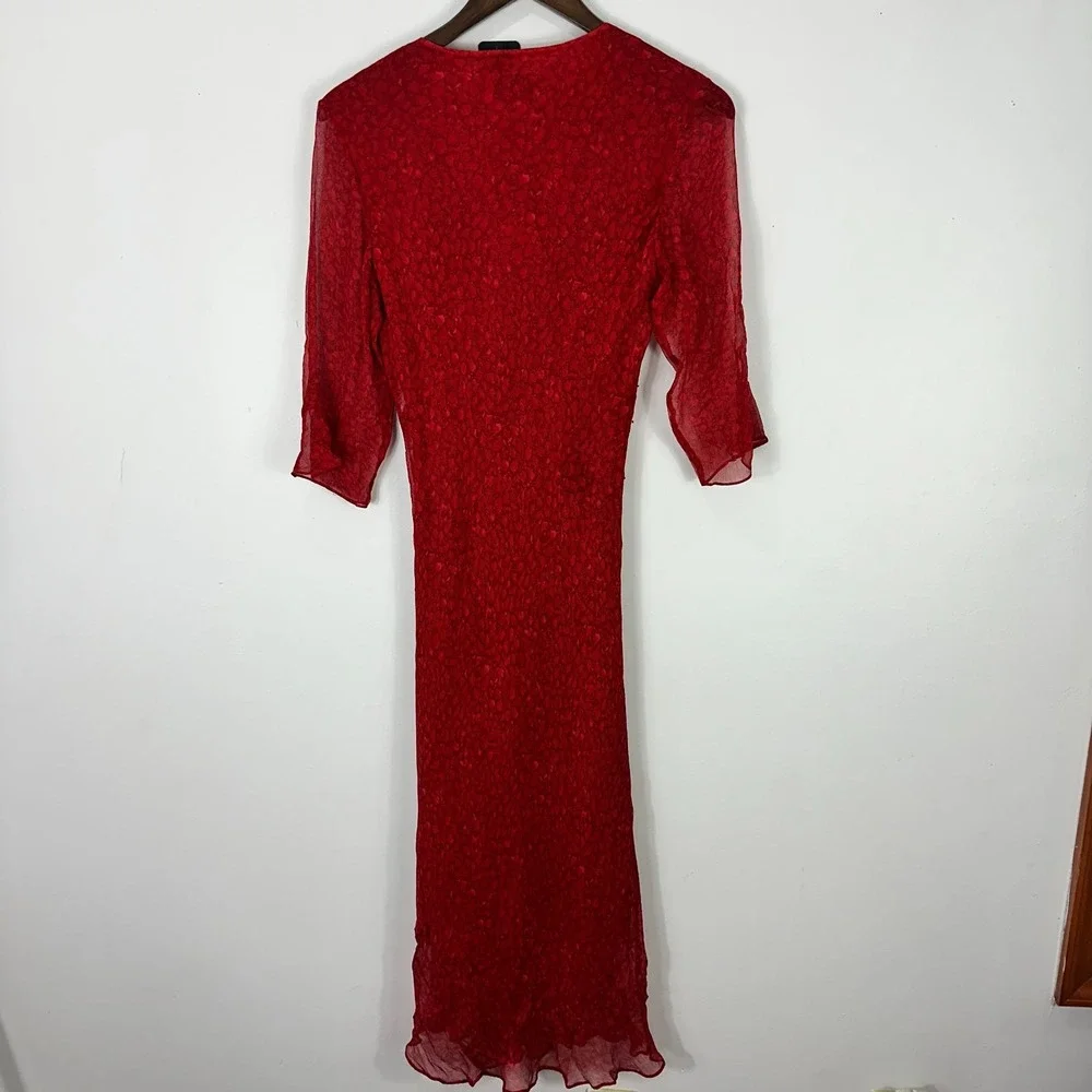 Vision‎ Apparel Dress 6 Red Silk Sequin Sheer Sleeve Midi Gown Y2K Vintage Glam